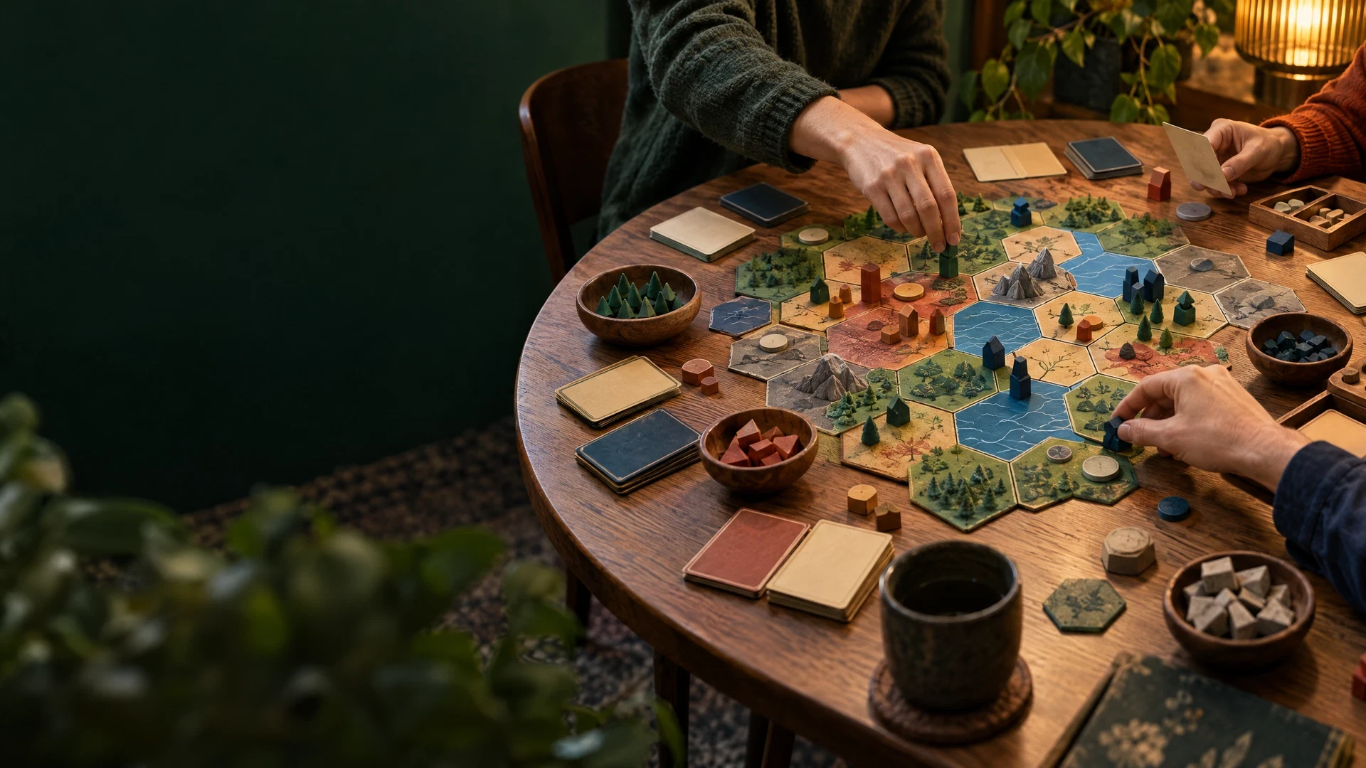 Original tabletop strategy game in progress on a round table