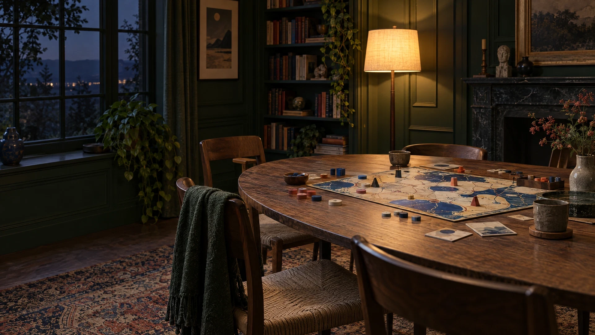 Quiet reading room with an original board game after a session