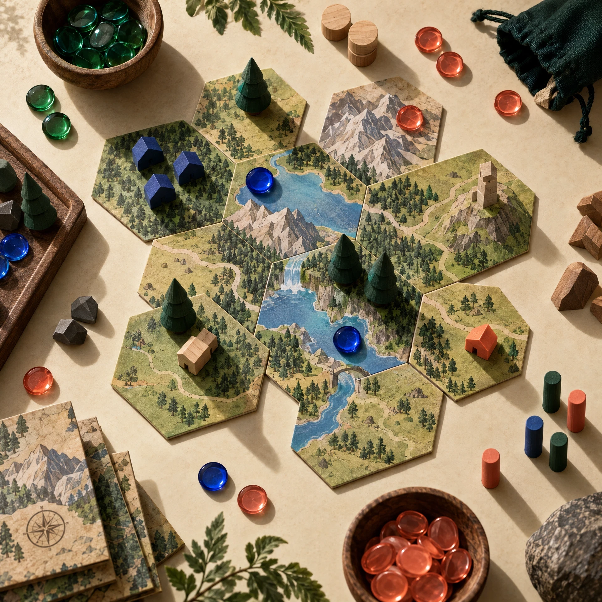 Original colorful tabletop game pieces arranged on a parchment surface