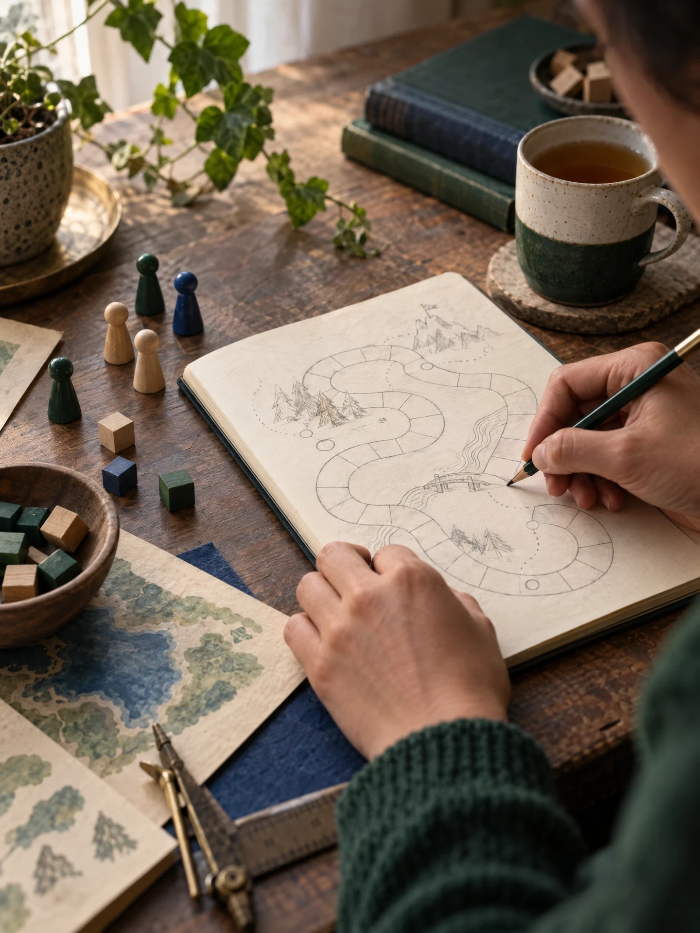Person sketching an original game route beside wooden components