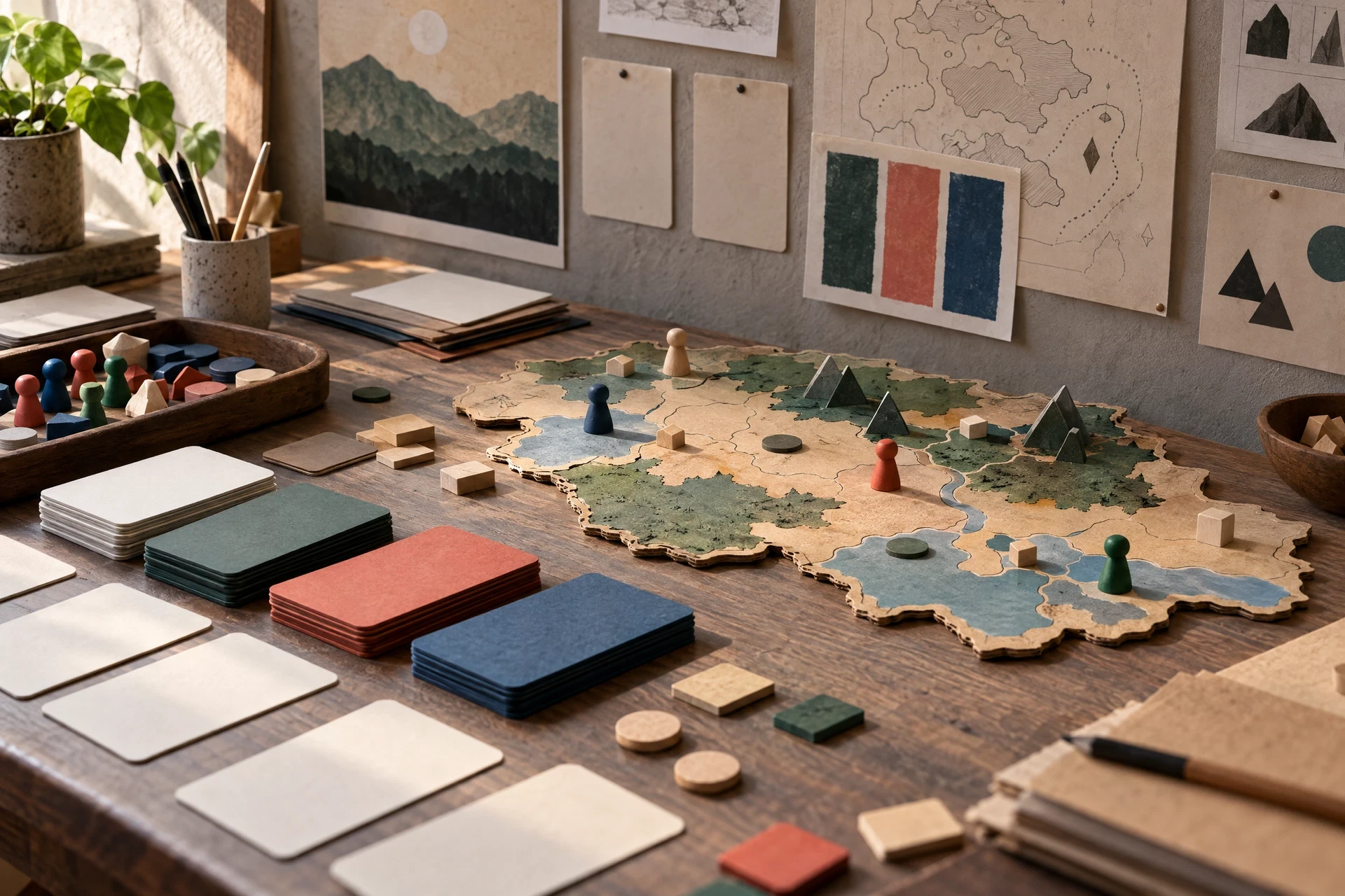 Original tabletop component prototypes arranged on a studio table