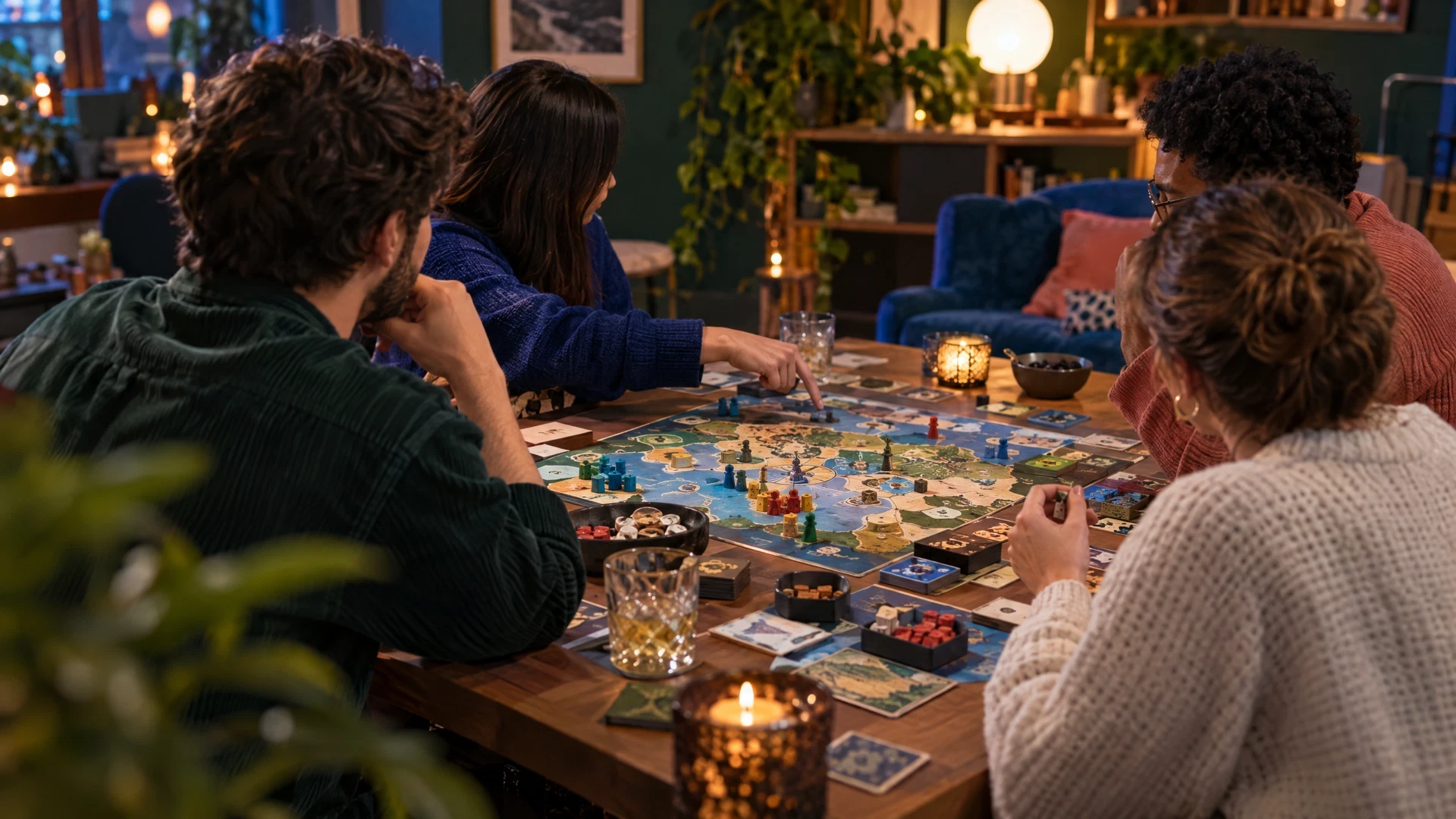 Friends discussing an original board game around a table