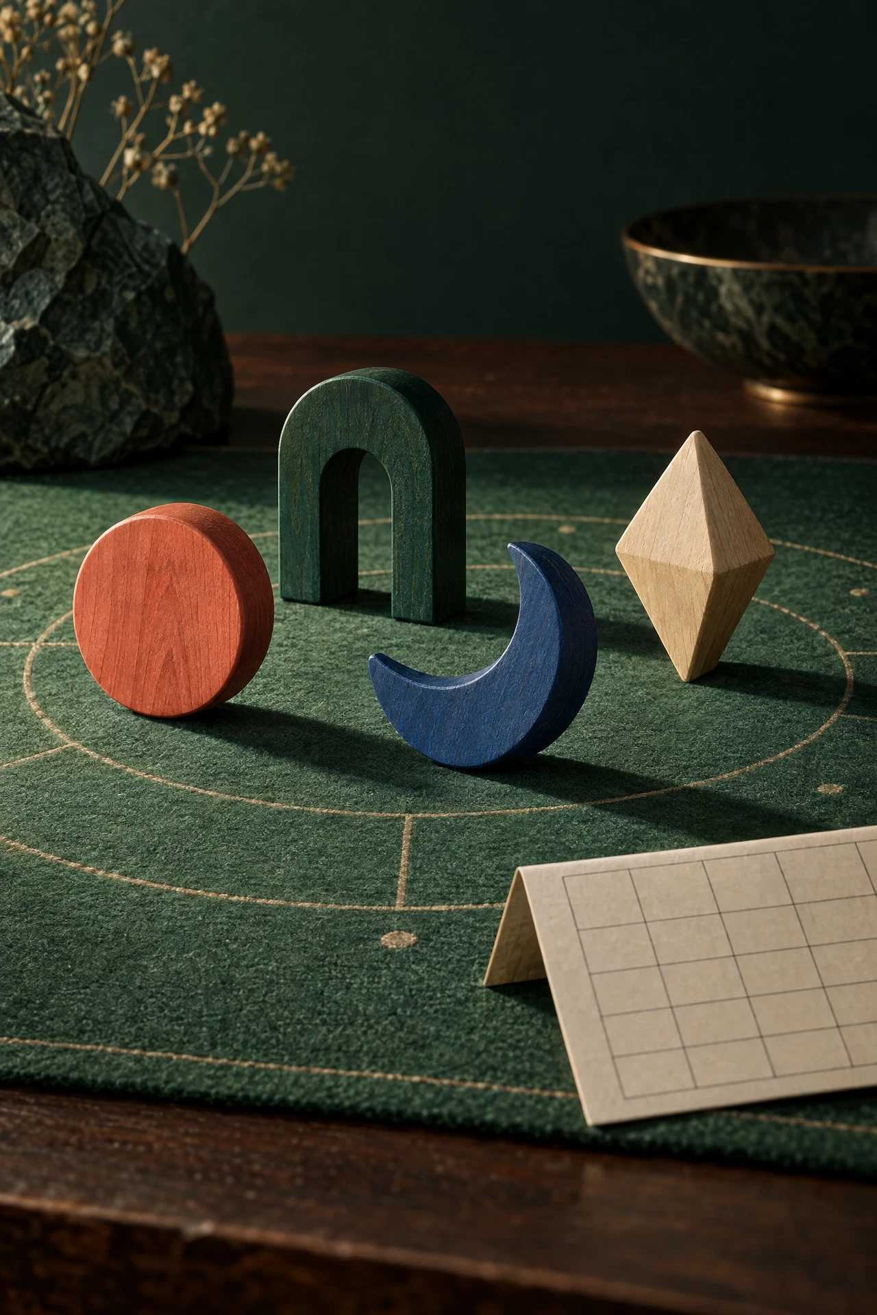 Four original wooden player markers on green felt