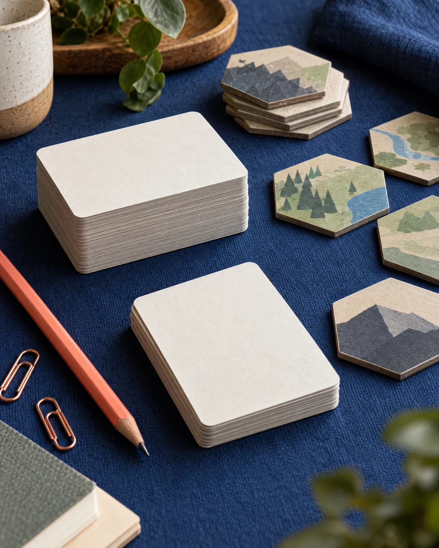 Blank original game cards and tiles on cobalt fabric