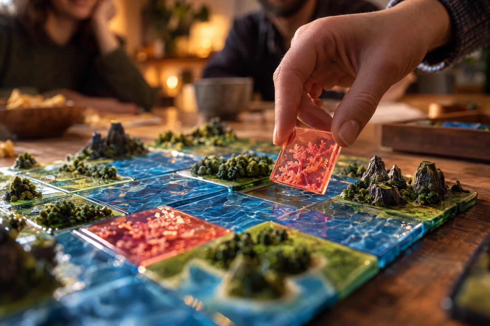 Hand placing a coral tile onto an original tabletop landscape
